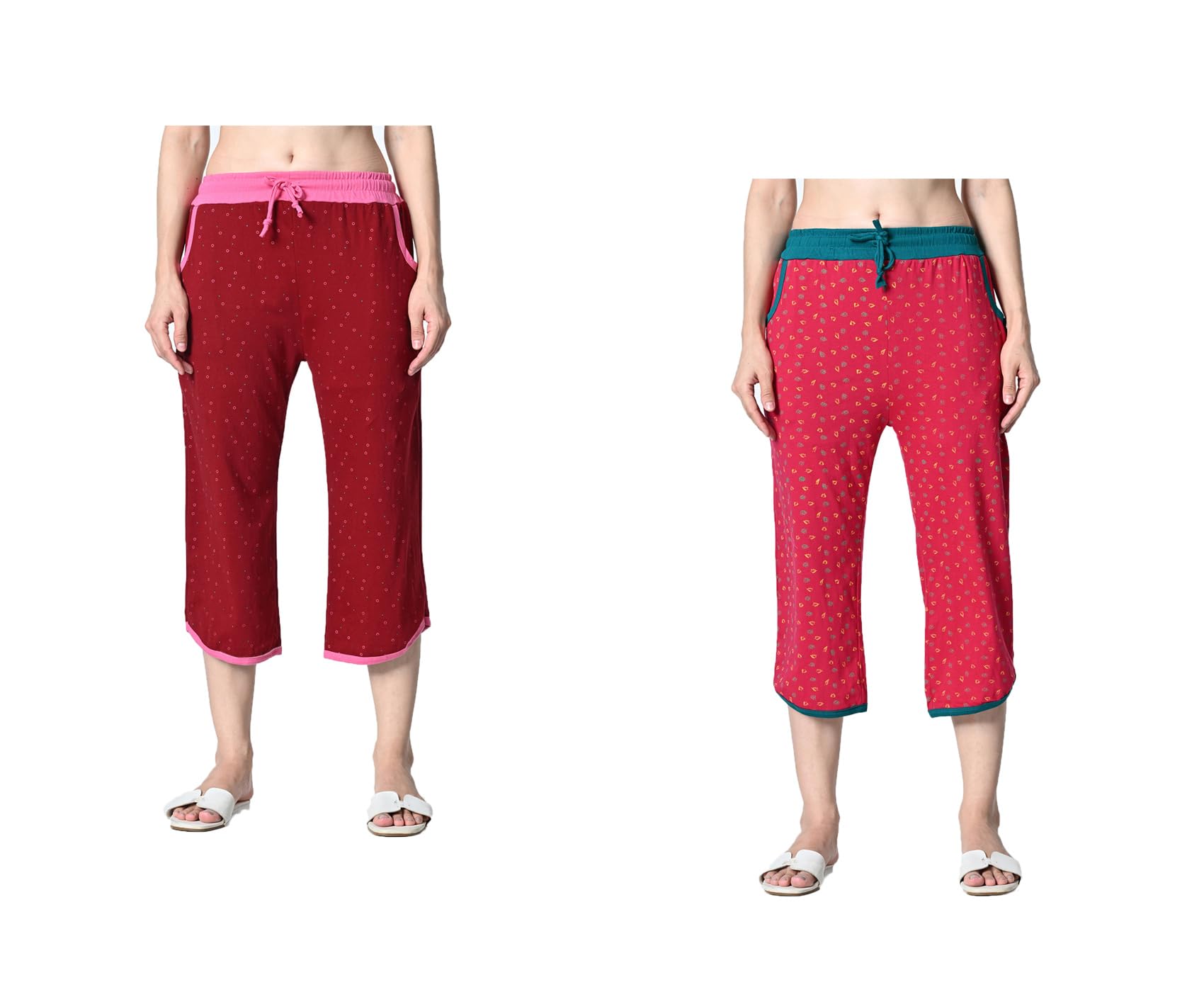 kayu Pack of 2 Women’s Cotton Printed Nightwear Capri with Both Side Pockets, Elastic Waist & Drawstring Nada, Soft Comfortable Sleepwear Capri Multicolor-picture-18