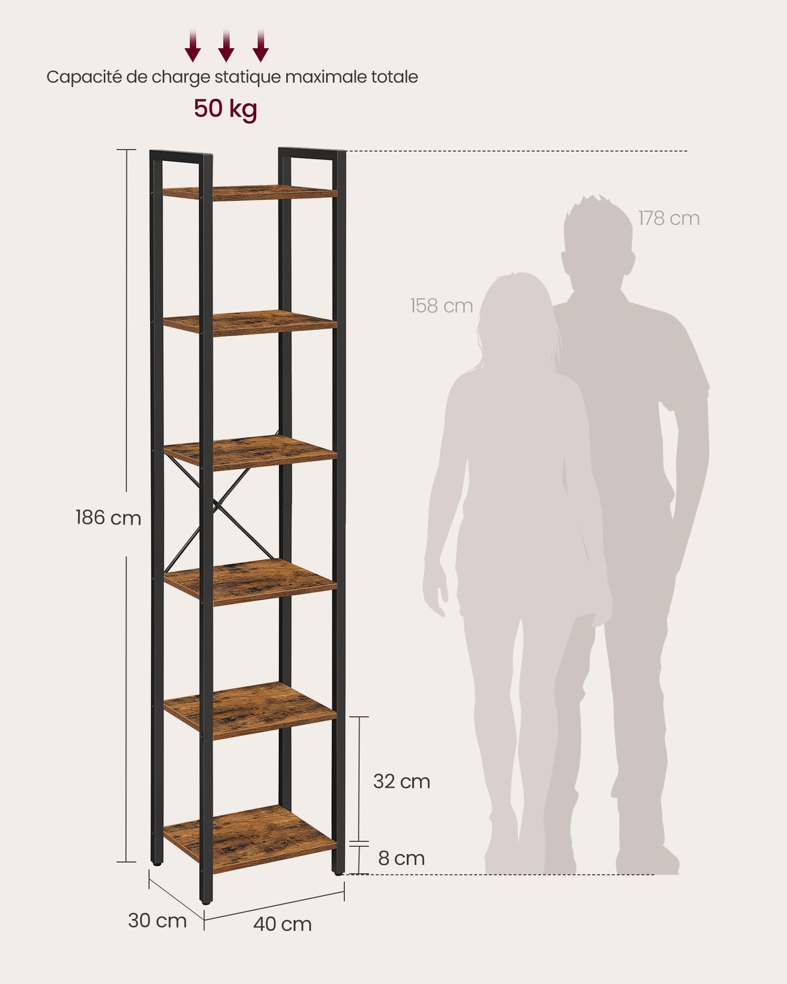VASAGLE Étagère 6 Niveaux, Bibliothèque, Meuble de Rangement, pour Bureau, Salon, Chambre, 30 x 40 x 187,5 cm, Style Industriel, Marron Rustique et Noir d'encre LLS101B01