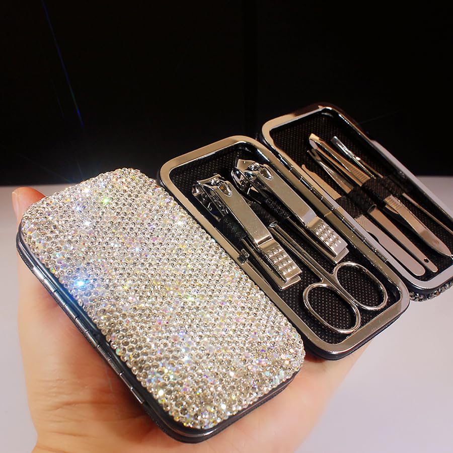 Bling Rhinestone Manicure Set Nail Clippers Pedicure Kit-8 Pieces,Stainless Steel Manicure Kit Pedicure Set Grooming Kits Nail Care Tools with Travel Case for Women Girls (Silver)