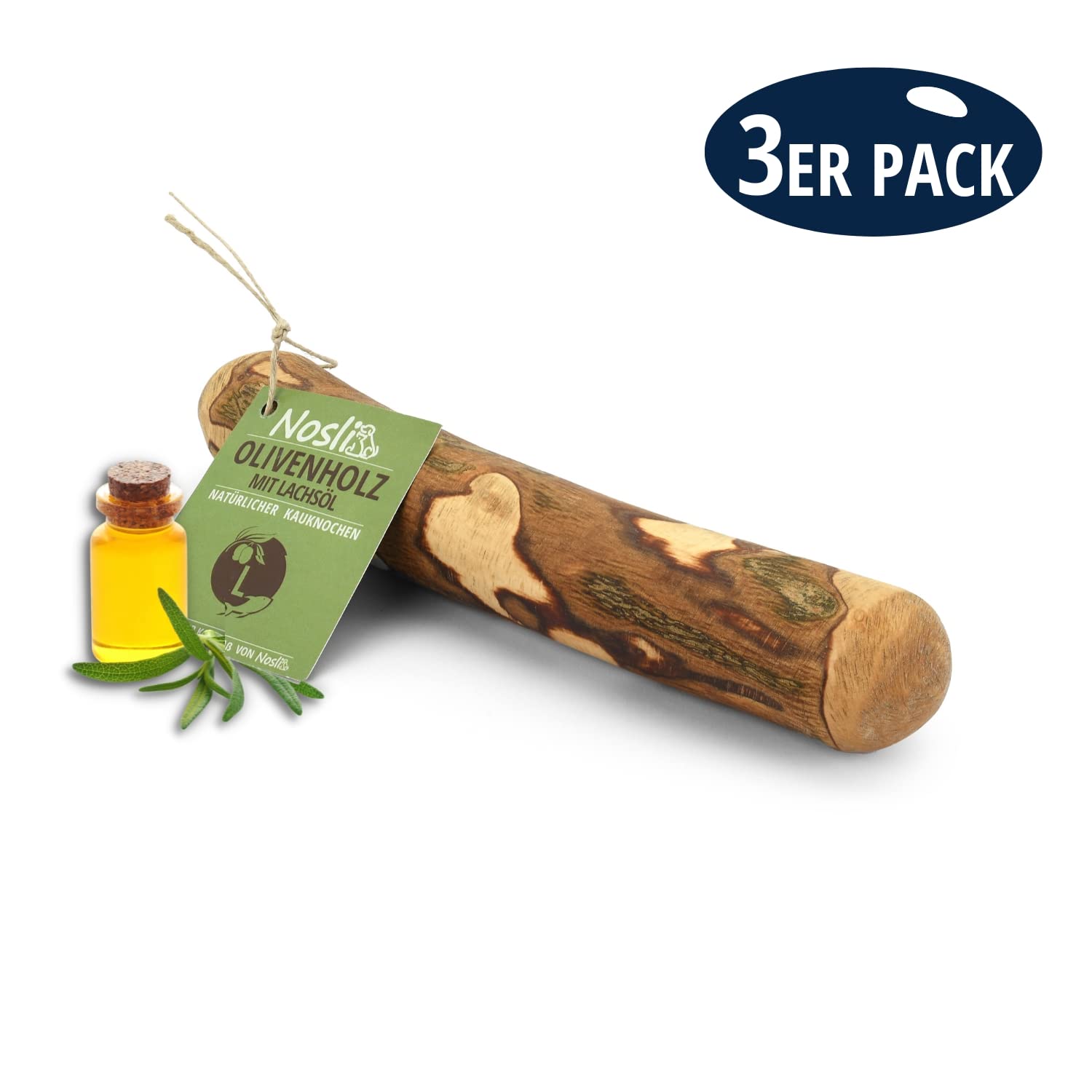 Bois d'olivier pour chien avec huile de saumon • Bois à mâcher de qualité supérieure comme jouet pour chien • Bâton à mâcher en bois • Lot de 3 bâtons de mâcher L 221-450 g