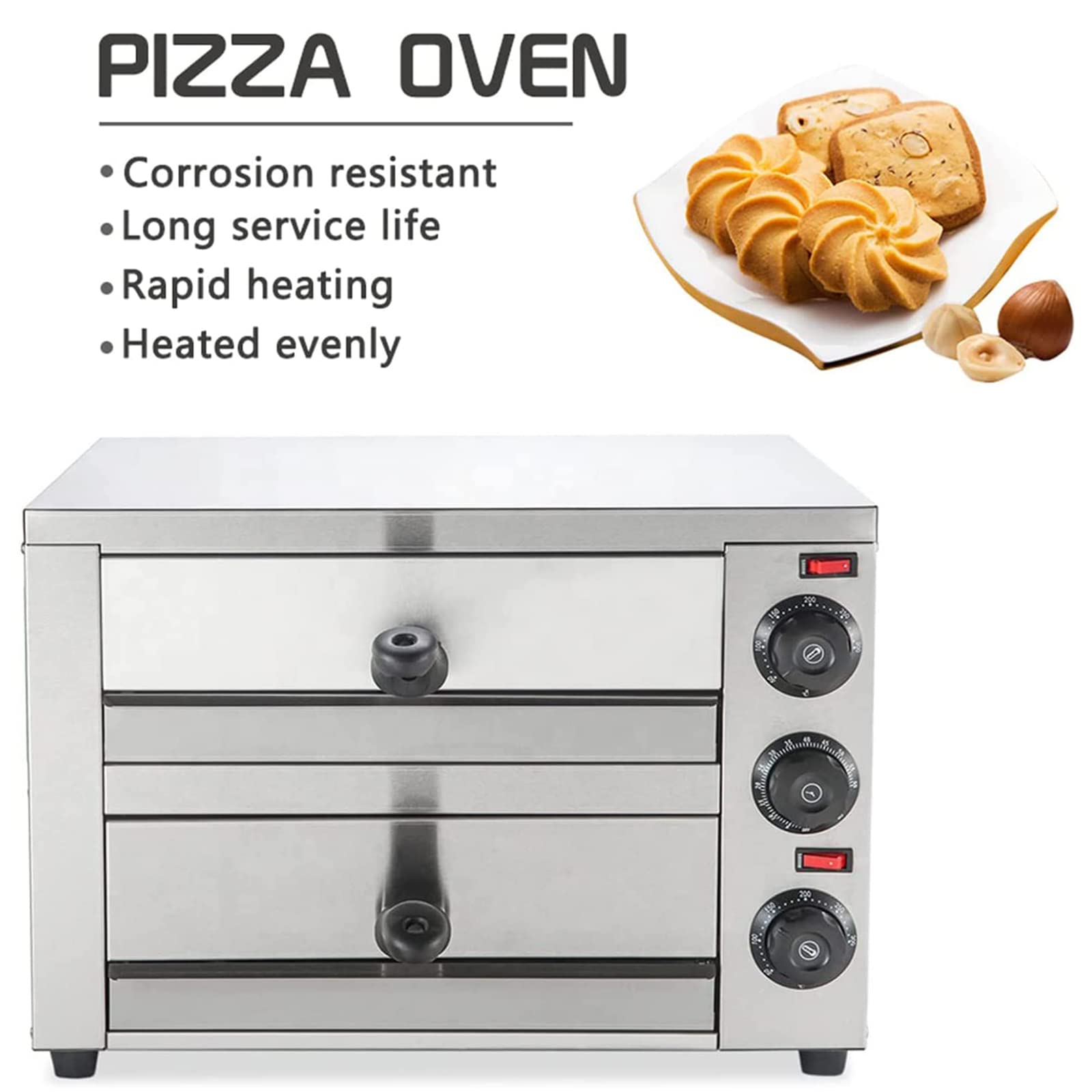 Encimera eléctrica del Horno de Pizza, Fabricante de 16 Pulgadas con Temporizador de Ajuste de Temperatura Independiente, Horno Tostador Multiusos de Acero Inoxidable