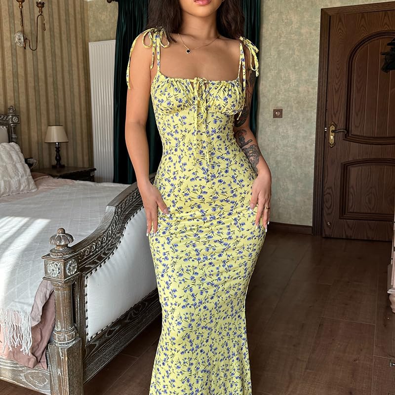 Image of Women Floral Printed Spaghetti Strap Maxi Dress Long Dress Backless Tie Shoulder Mermaid Dress