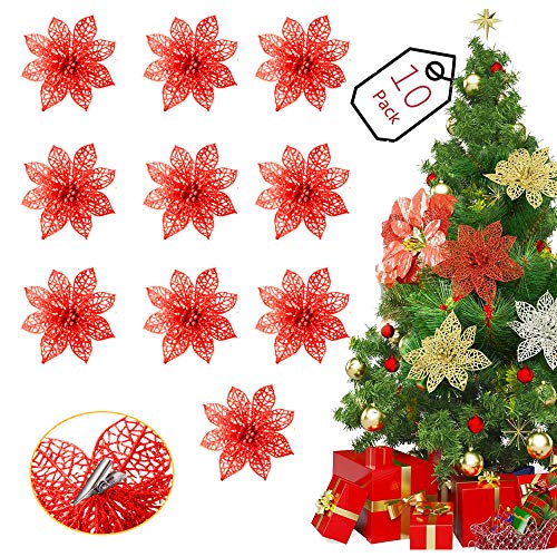 6 Inch Christmas Glitter Poinsettia Flowers Decorations, Artificial Flowers for Christmas House Poinsettia Ornament, Glitzy Bushes Christmas Tree Ornaments(Red, Pack of 20)