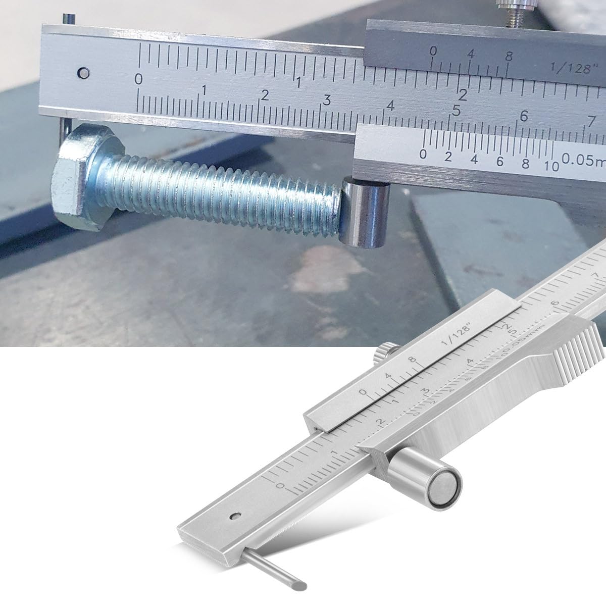 STAHLWERK Anreiß-Messschieber | Messlehre | Schieblehre 0-200 mm | 8 Inch mit Nonius und Anschlagrolle nach DIN 862 für Präzisionsmessungen