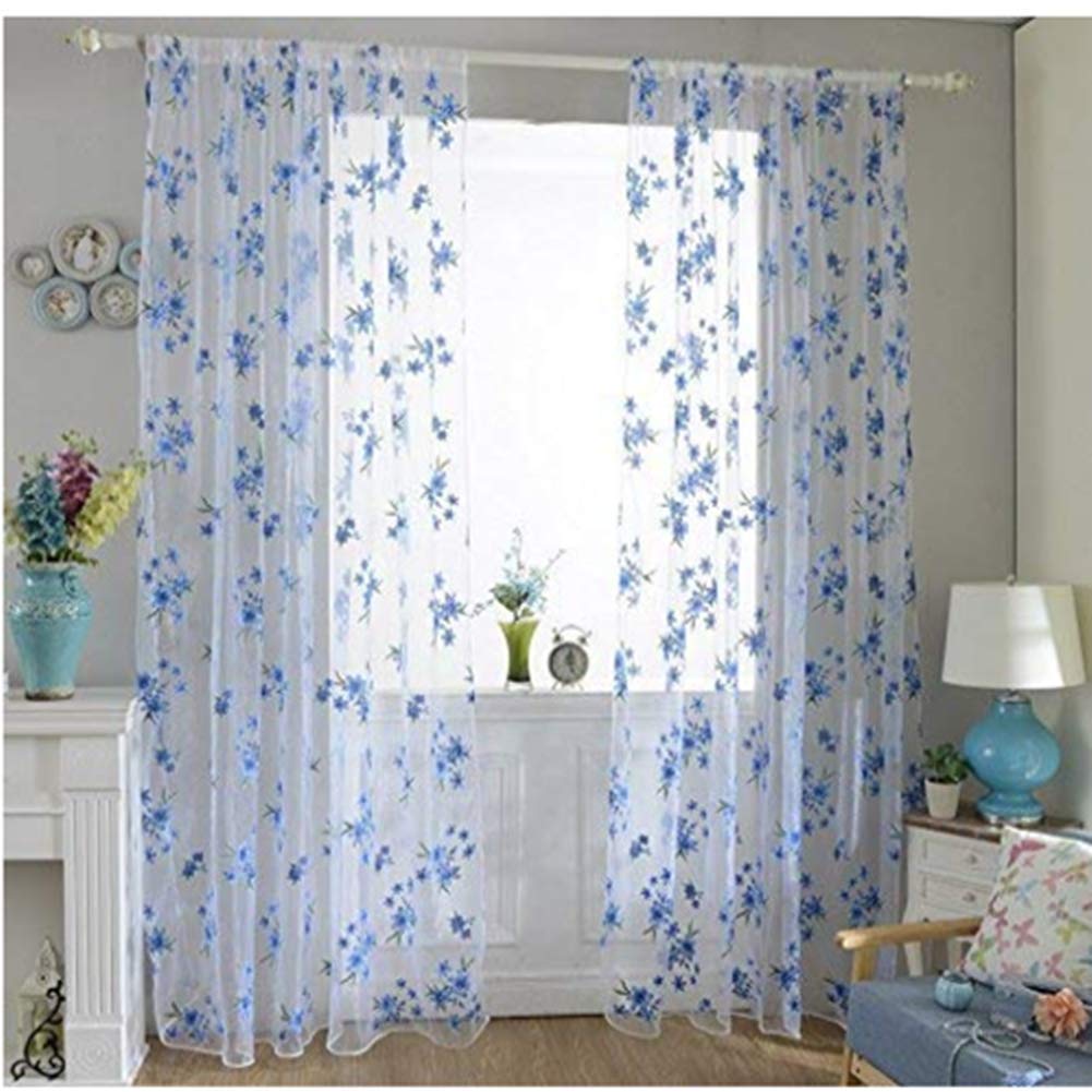 AdtopFlower Sheer Transparent Door Balcony Window Screen Curtain Tulle Panel Voile Drapes Valance 39.37" x 78.74" (Blue Flower)