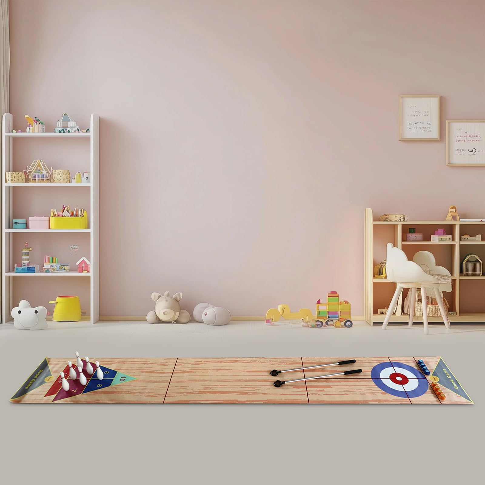3 in 1 Curling Spiel, Tisch Spiele mit 8 Shuffleboards + 6 Bowlingflaschen + Curling Kombi + 2 Putter Faltbarer Bahnmatte Eisstockschießen Tisch Curling für Kinder & Erwachsene