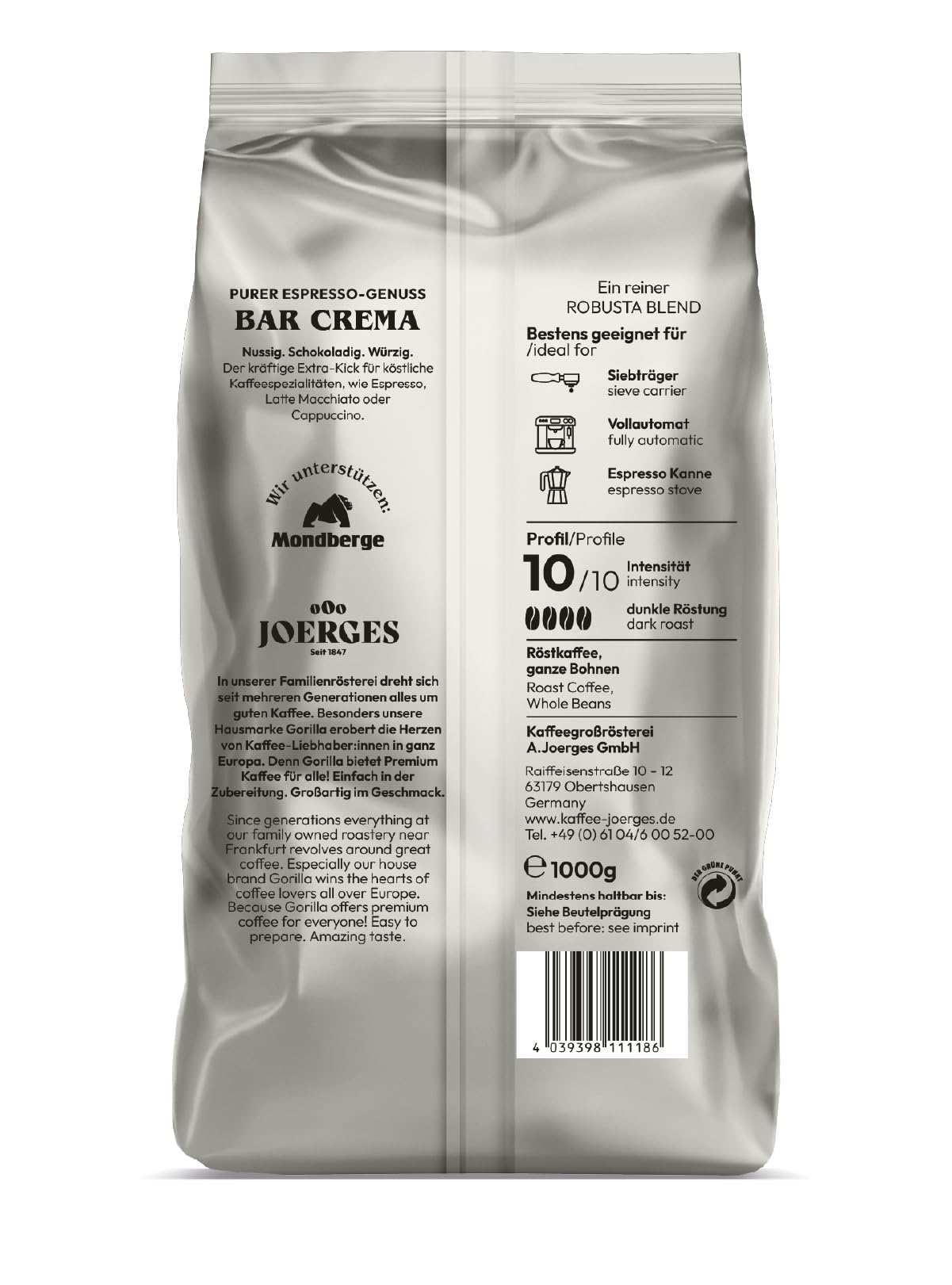 Joerges Kaffee ganze Bohnen Espresso Gorilla Bar Crema, 1 kg