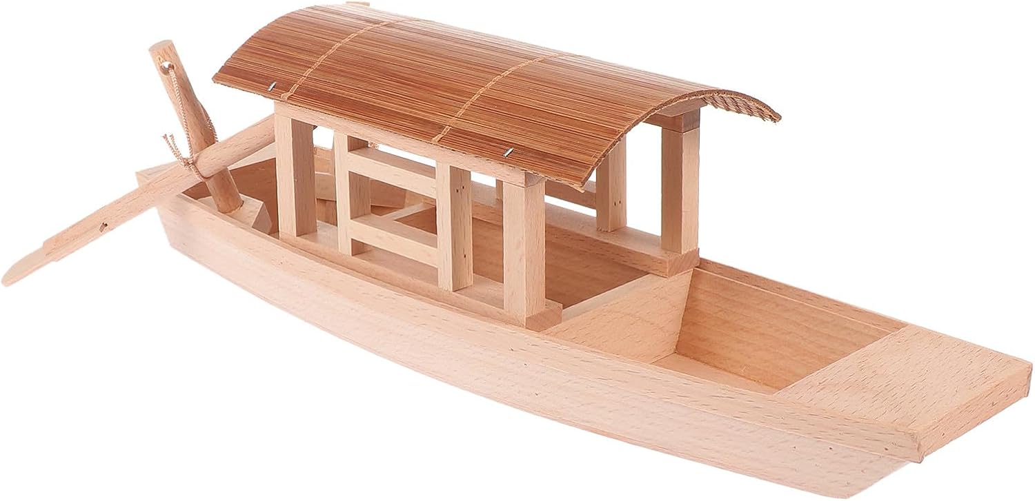 DOITOOL Wooden Fishing Boat Model with Canopy Small Wood Craft Watercraft Ornament Cognitive Nautical Decor for Home and Office Display