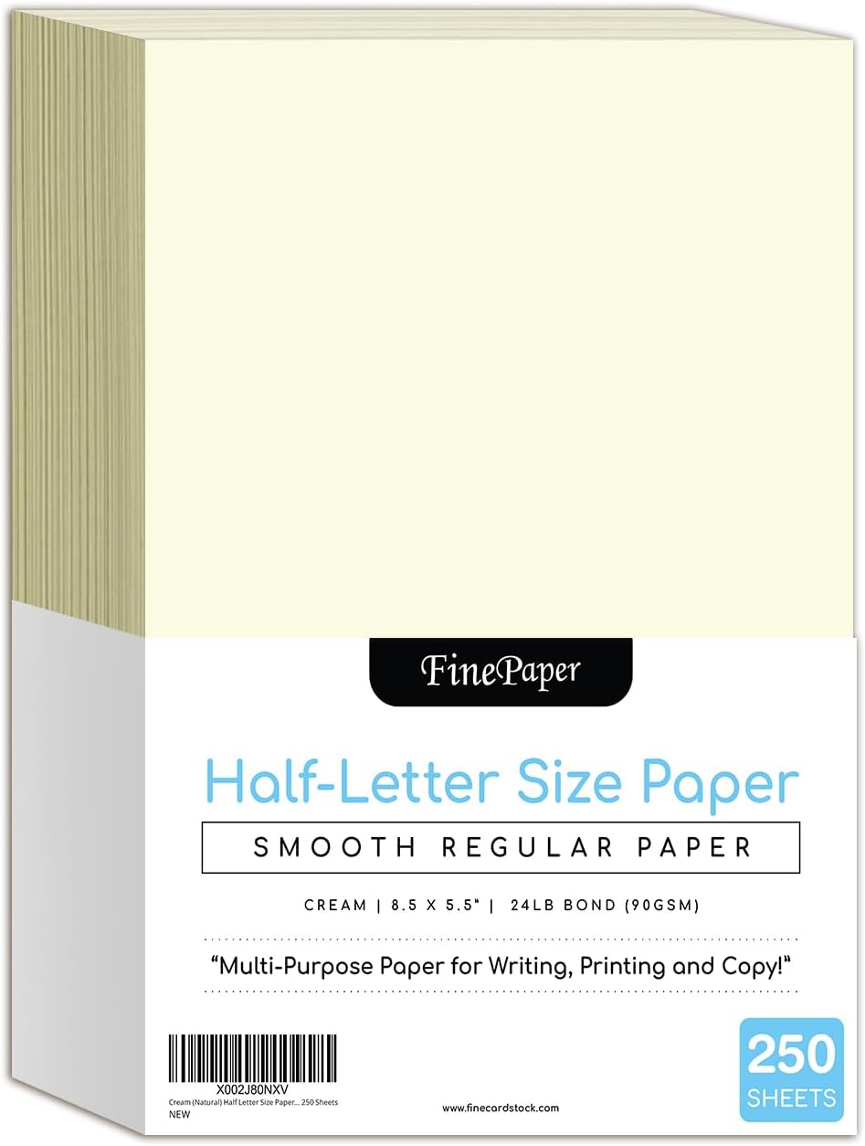 Cream (Natural) Half Letter Size Paper – Great for Business Documents, Letters, Arts, Prints and Crafts, Copy, Printing, Writing | 8.5” x 5.5” | 24lb Bond Paper | 250 Sheets