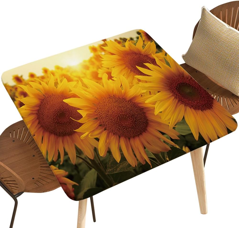 Square Fitted Tablecloth with Elastic Autumn Background with Sunflowers On Wooden Board Table Covers for Kitchen Dinner Picnic Party, Fitted for 60"x60" Square Table, Style 141