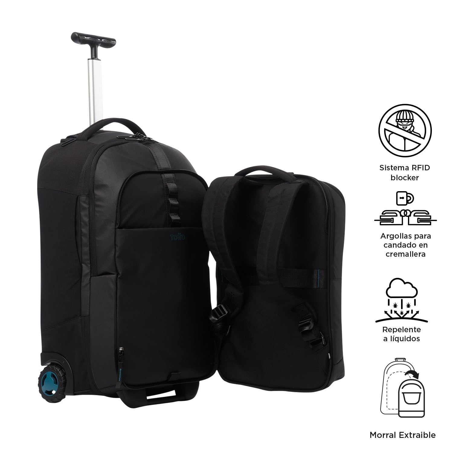 TOTTO - Mochila Ordenador Portátil con Ruedas, Modelo Rue Deploy, Pc hasta 15,4", Gran Capacidad, con Mochila Extraíble, Sistema RFID Blocker, Bolsillo Documentos, Espaldar Ergonómico, Color Negro