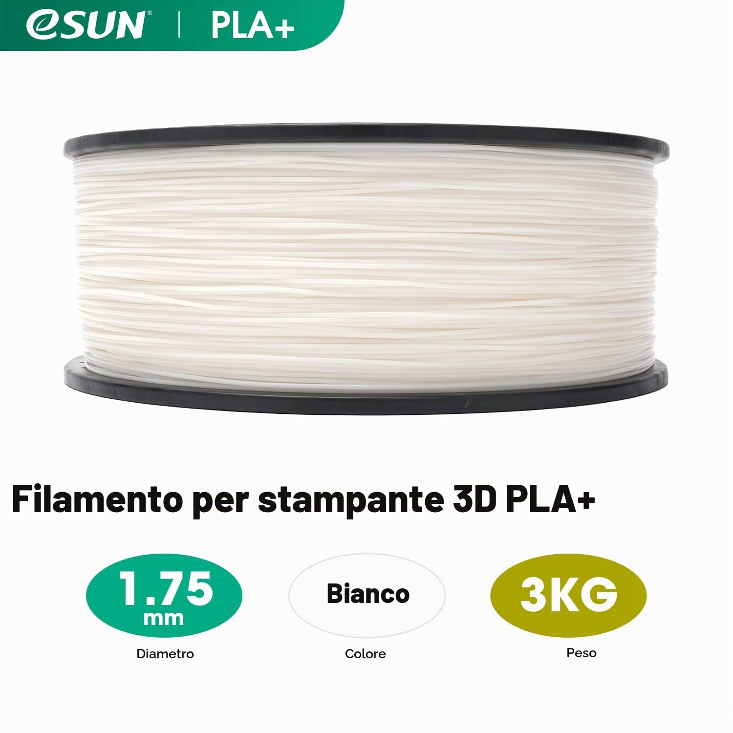 eSUN Filamento PLA+ 1.75mm, Filamento per Stampante 3D PLA Plus, Precisione Dimensionale +/- 0.03mm, Bobina da 3kg (6.6 libbre) Filamento per Stampa 3D per Stampanti 3D, Bianco