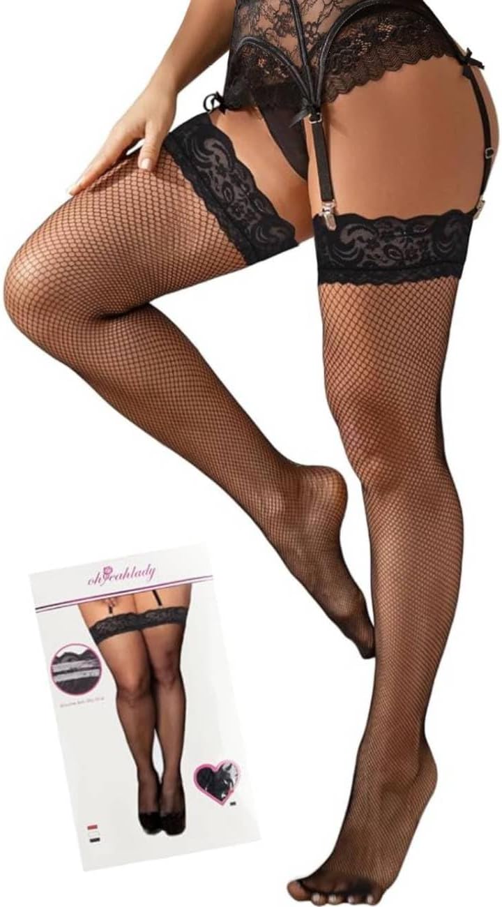 ohyeah Women Fishnet Plus Size Thigh High Stockings XS-5XL Silicone Stay Up Lingerie Lace Top Pantyhose Hosiery
