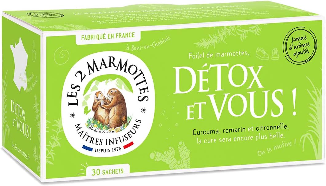 Les 2 Marmottes - Detox and You infusion 30 sachets - No added flavors - Turmeric, rosemary, and lemongrass - Well-being and Relaxation - For the liver - Made in France - 50g