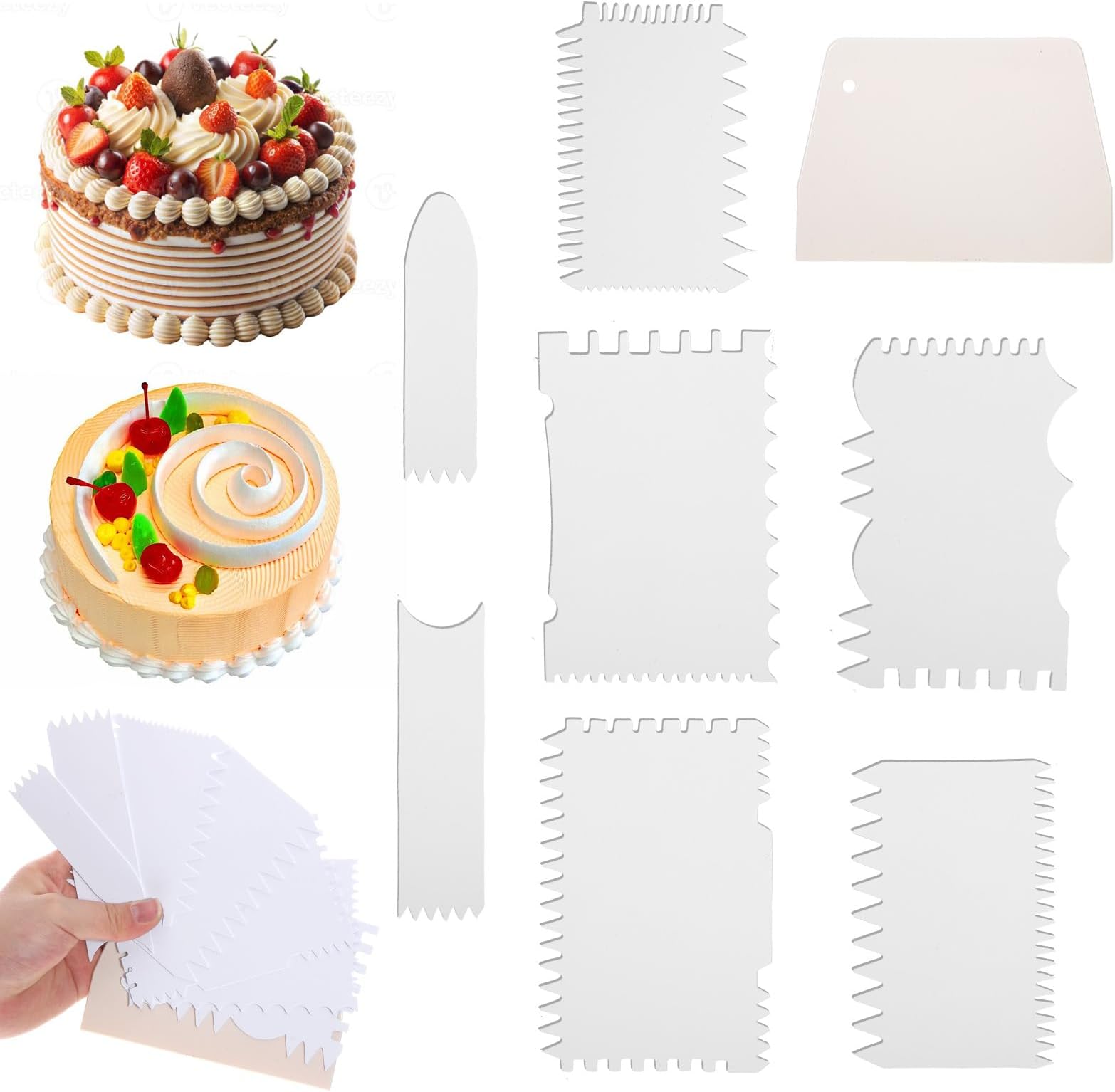8 PCS Cake Scraper Smoother Set, Cake Decorating Scraper Set Plastic Cakes Leveler Tools Large Icing Smoothers and Edge Combs for Frosting Buttercream and Baking Projects DIY Tool