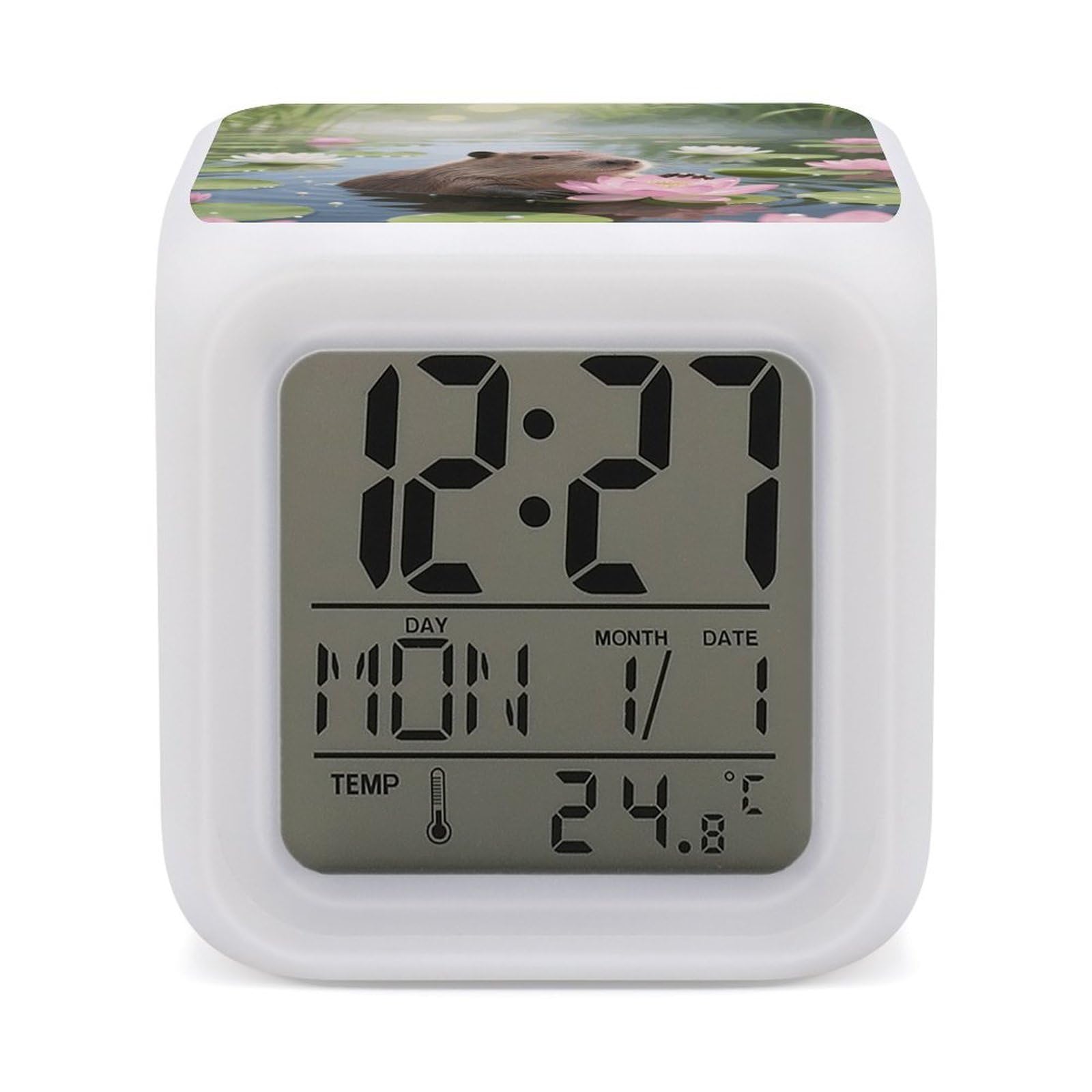 FodPand 7 Color Ambient Night Light Cube Battery Operated Capybara Digital Clock with Snooze Temperature LED Digital Alarm Clocks Dimmable Wake Up Light Portable Mood Lamp for Bedroom Desk Gift