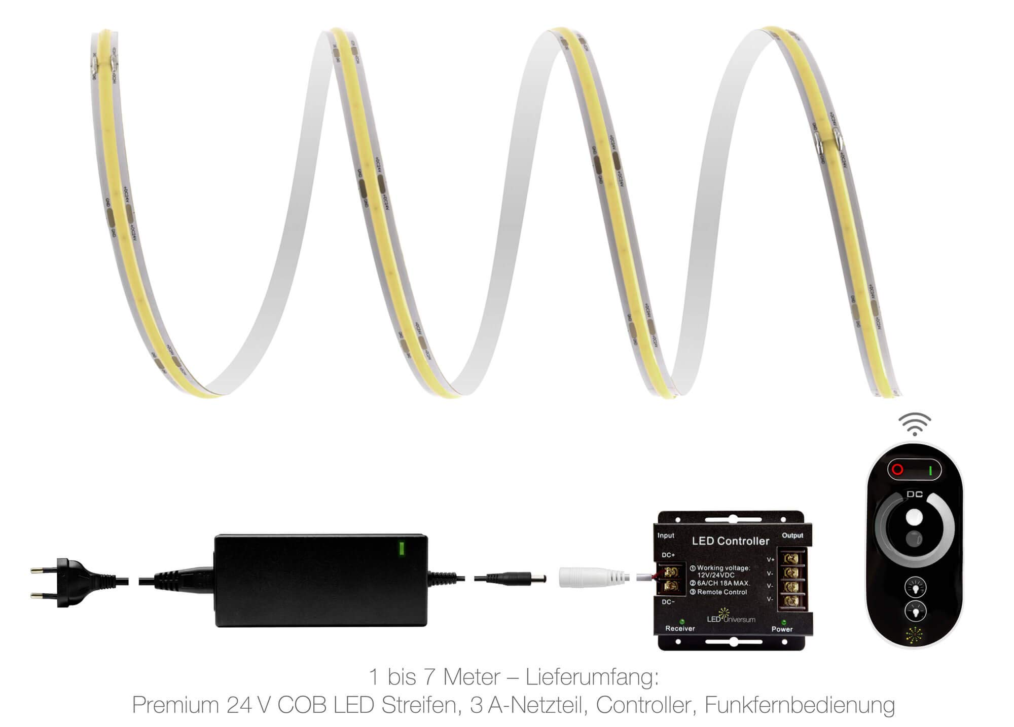 LED Universum - Tira de Luces LED COB de 7 m con Mando a Distancia, Controlador y Fuente de alimentación de 72 W, filamento prémium de 24 V, Tira LED IP20, Blanco Neutro