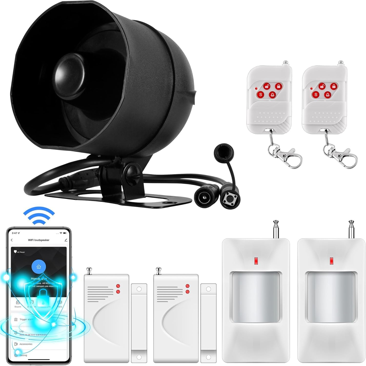 WIFIAlarme Maison sans Fil, Sirène Alarme Exterieure 115 DB, Capteur D'Alarme De Porte, Alarme Detecteur De Mouvement Et TéLéCommande(Noir)