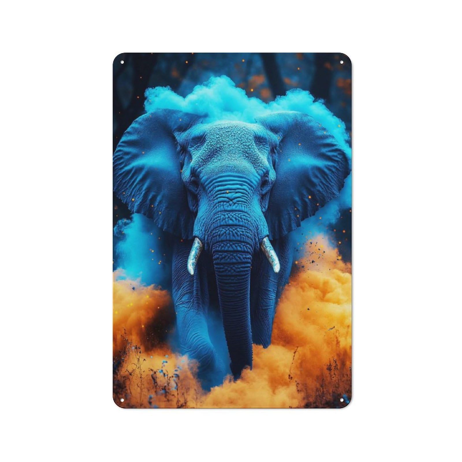 Junmoney Style-9 Character Decorative Tin Plaque 30X20cm Featuring Blue Elephant In Colorful Smoke, Home Wall Decor For Flat, Dorm Room, Lounge Or Cafe