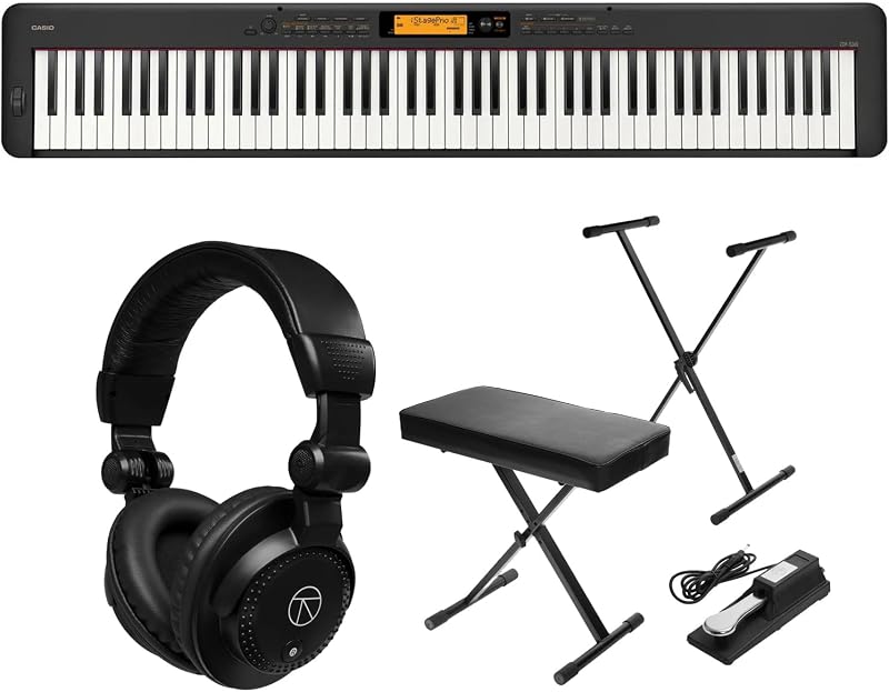 CDP-S360 Teclado de piano digital compacto de 88 teclas con respuesta táctil, negro, paquete con soporte de teclado H&A/paquete de banco con pedal Sustain, auriculares con monitor de estudio TAPH100 de audio torniquete