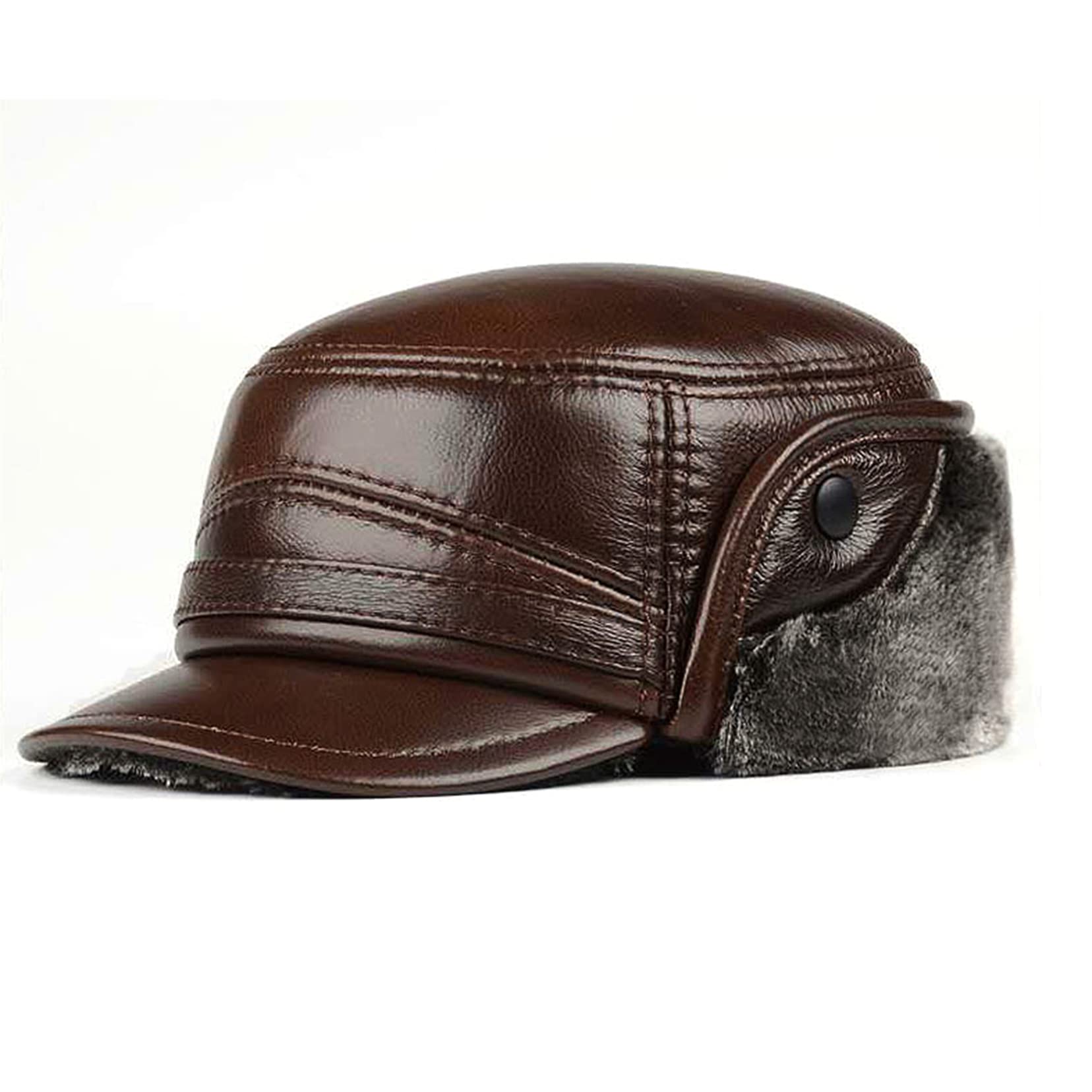 Cappello in Pelle Cappello Regolabile in Pelle Maschio Inverno Tappo di Cotone Spesso Mantieni la Protezione da Orecchie da Esterno Calda Brown 1-60cm