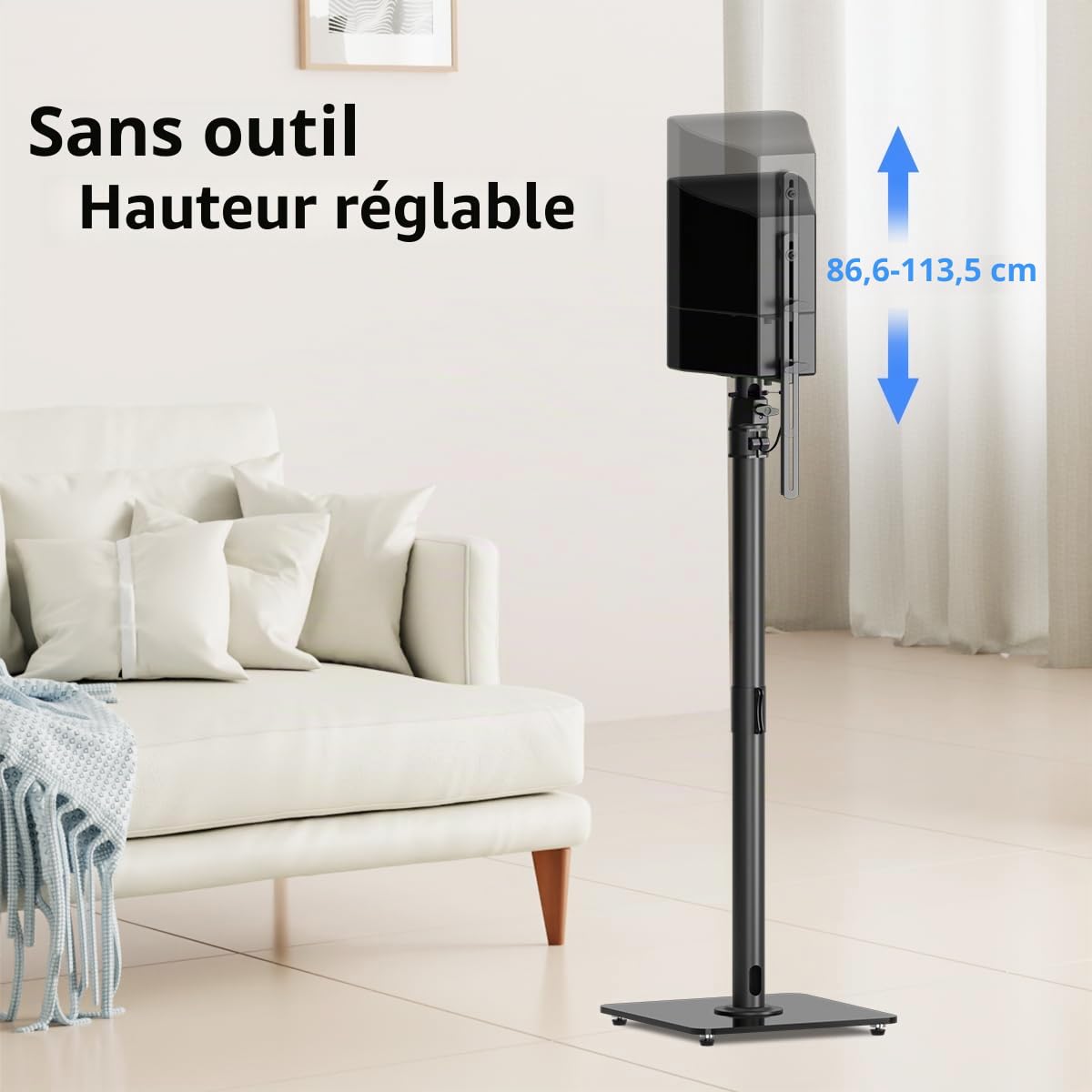 Suptek Lot de 2 Pieds d'Enceintes Réglables en Hauteur 86-113cm, Support de Haut-Parleur avec Gestion de Câbles, Base en Verre Trempé, pour Home Cinéma Enceintes Bibliothèque Satellites SFM001