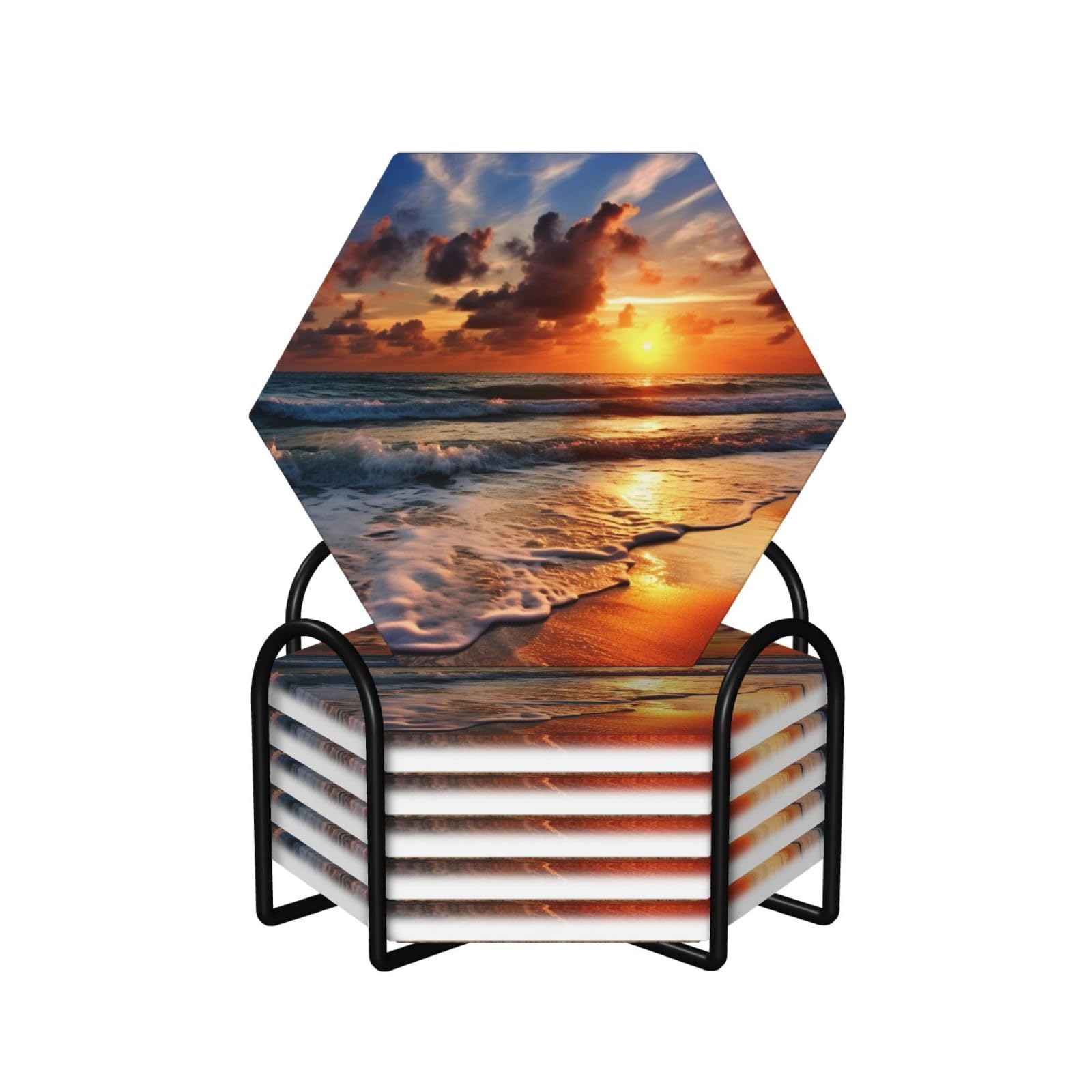 6Pcs Ceramics Coaster for Drinks, Beach Sunrise Cup Coasters with Holder, Aesthetic Drink Coasters for Coffee Table, Absorbent Round Coaster for Tabletop Protection 4" Cup Mat Pad