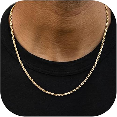 Reoxvo 3mm Chains for Men 14K Gold/Sterling Silver Plated Rope Chain Necklace for Men Gold Necklaces Accessories Jewelry Gifts for Men Women Boys Available in 18-24 Inch