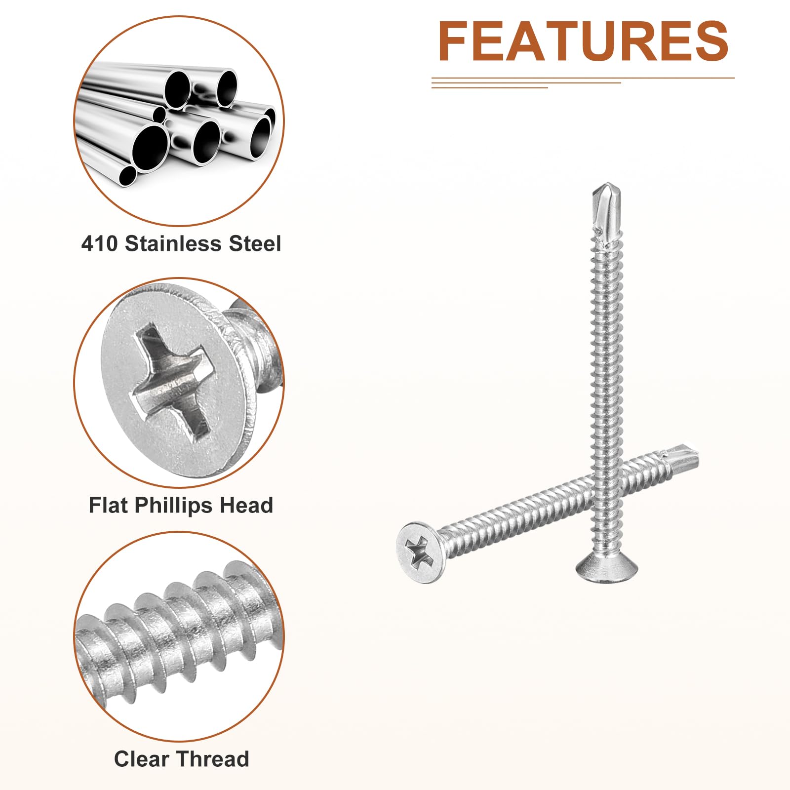 DTGN 100Pcs ST4.8x60mm Self Drilling Screws, 410 Stainless Steel Flat Head Phillips Sheet Metal Screw - Image 4