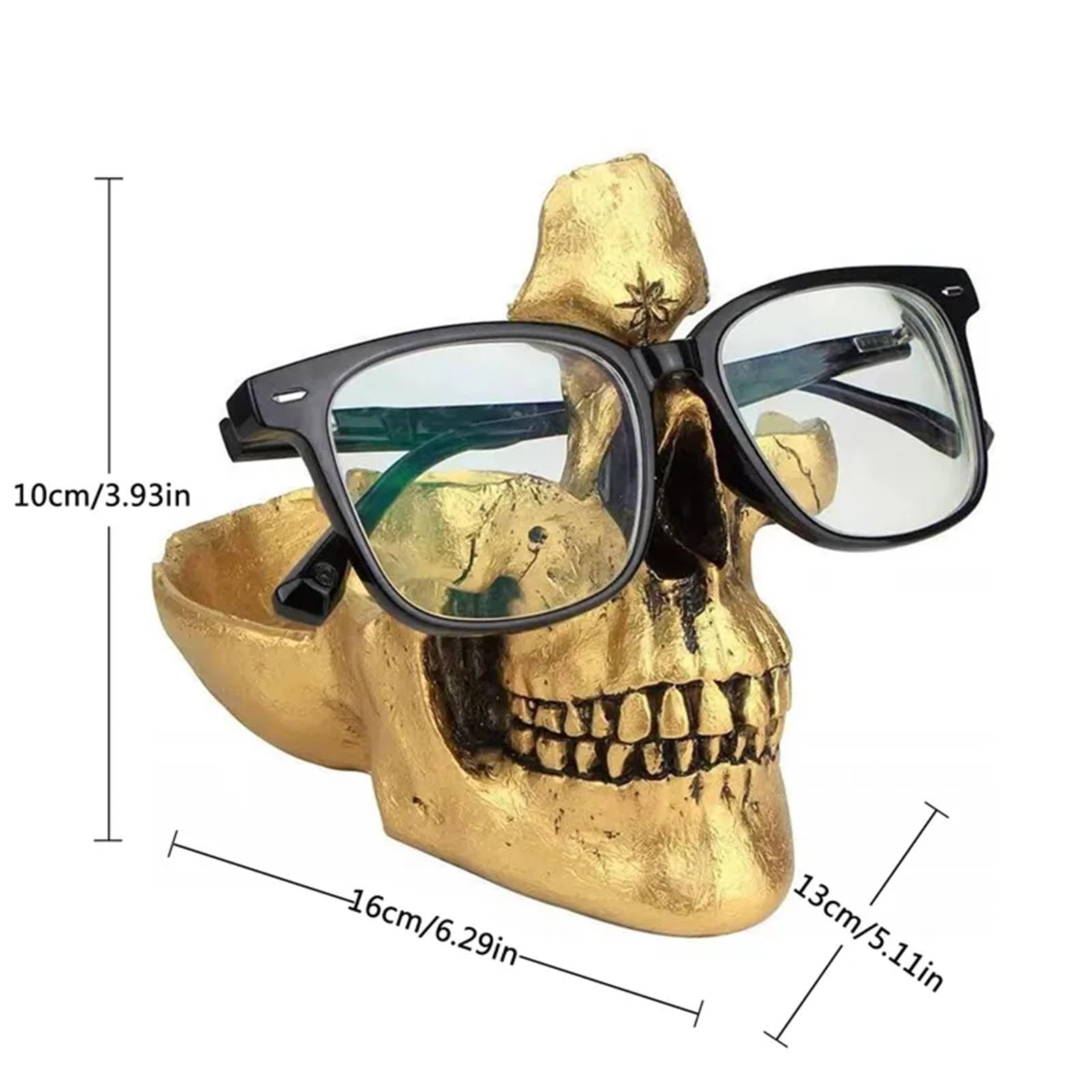 Gold Totenkopf-Brillenhalter Kreativer Schädel Sonnenbrillen Ständer 3D-Skelett Brillen-Organizer mit Schmuck Schale,Brillen Halter Display Ständer für Zuhause, Büro, Schreibtisch, Nachttisch