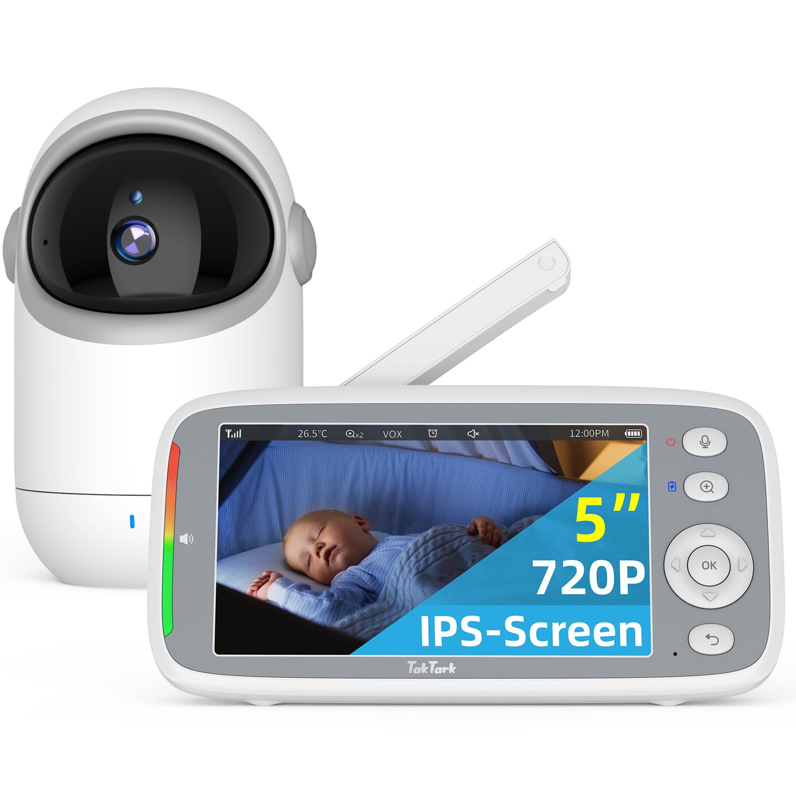 TakTark Baby Surveillance Camera, 5" IPS 720P Baby Monitor with Camera 300° Rotation, Baby Monitor with Wireless Camera Monitor with Night Vision, VOX, Two-Way Communication, No WiFi No App
