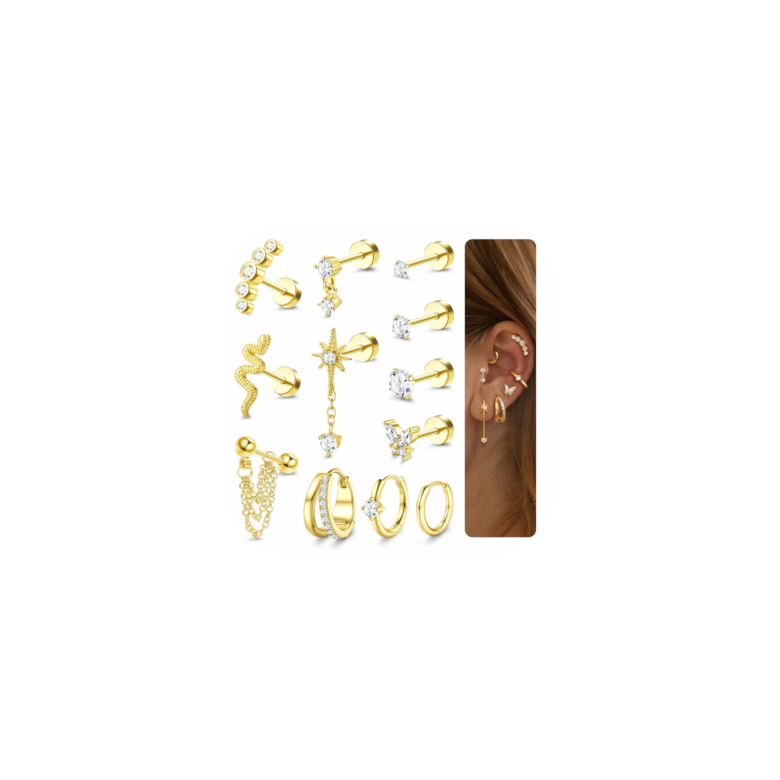 LOYALLOOK 20G Cartilage Earrings for Women Hypoallergenic Surgical Stainless Steel Stud Hoop Cartilage Earring Set 14K Gold Plated Flat Back Earrings Daith Conch Tragus Helix Piercing Jewelry Single