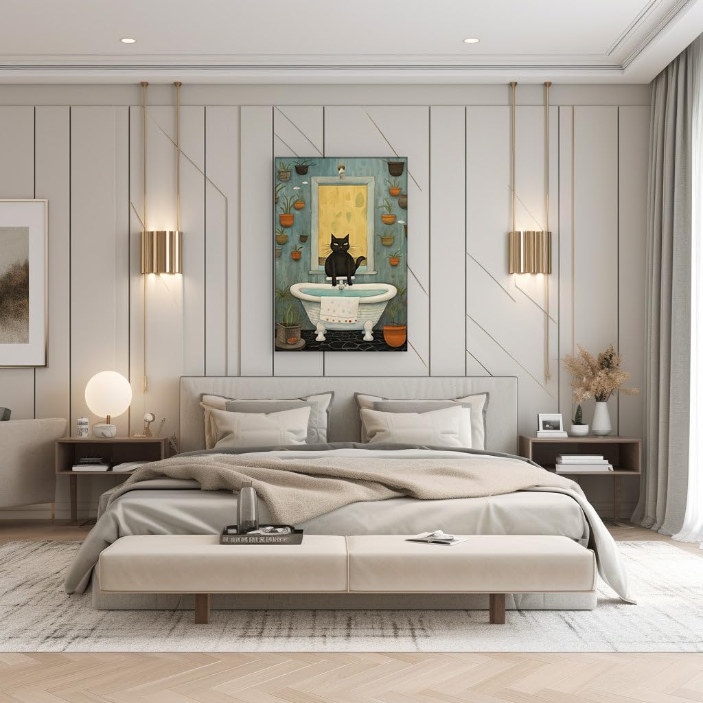 Canvas for Living room. Curiosity and Calm: A Black Cat's Bathtime Adventure Among Potted Greens, 27 x 18 inch Canvas Wall Art - Ready to Hang - 69x46 cm (27x18 inch)