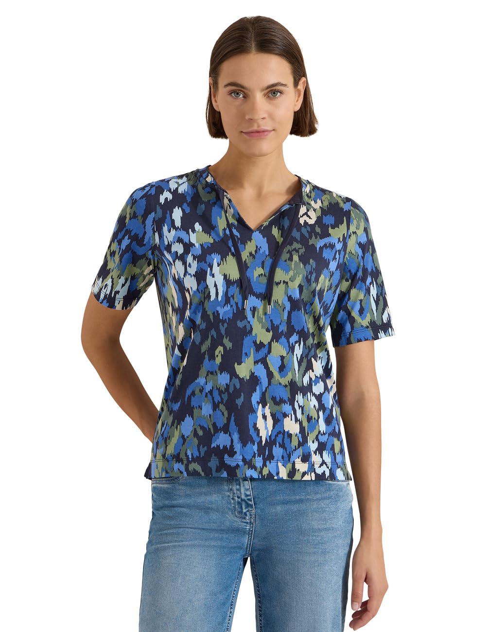 Cecil T-Shirt with Split Neck and Print Urban Dark Blue XL