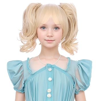PATTNIUM Blonde Wig for Kids Girls Short Blonde Ponytail Wig for Child Include 2 Detachable Buns with Clips Synthetic Cosplay Costume Wigs