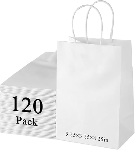 GITMIWS Paquete de 120 bolsas blancas pequeñas de papel kraft con asas, 5.25 x 3.25 x 8.25 pulgadas, pequeñas bolsas blancas para manualidades,
