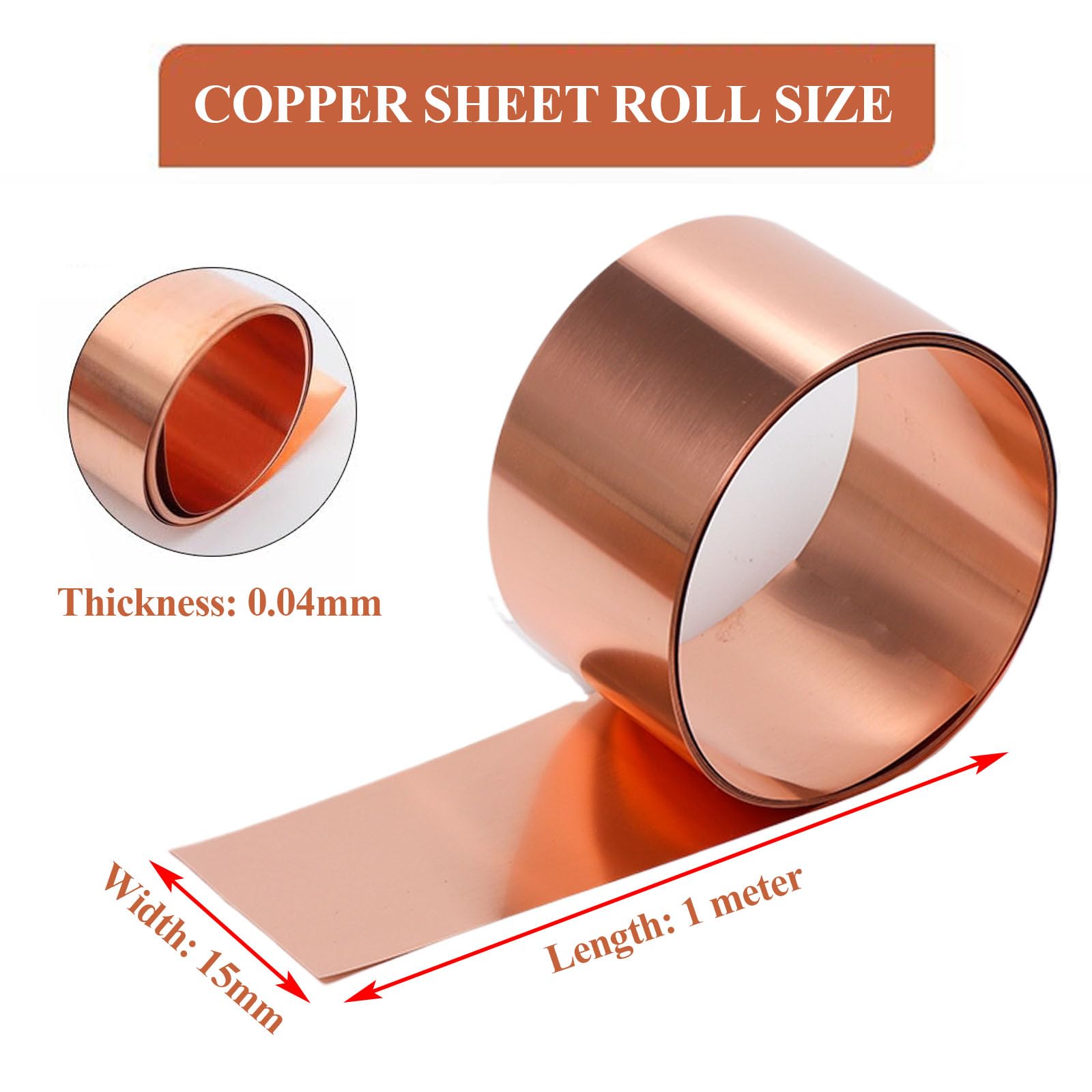 JDJUBOA 1 Meter Copper Sheet Roll Metal Foil, Thickness 0.04Mm Width 10-35Mm Suitable for DIY Projects and Home Decoration(0.04x15x1000mm)