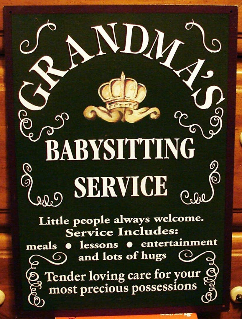 Krouterebs New Tin Sign Grandma's Babysitting Service Metal Tin Sign Rustic Wall Decor Suitable For Home And Kitchen Bar Man Cave Cafe Garage Wall Decor Retro Vintage 12X8 Inch