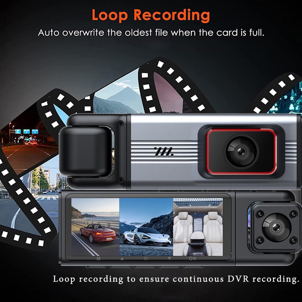 Dash Cam per auto con 3 telecamere, 1080P, anteriore, posteriore, interna, schermo diviso, visualizzazione simultanea, supporto per app per telefono, registrazione in