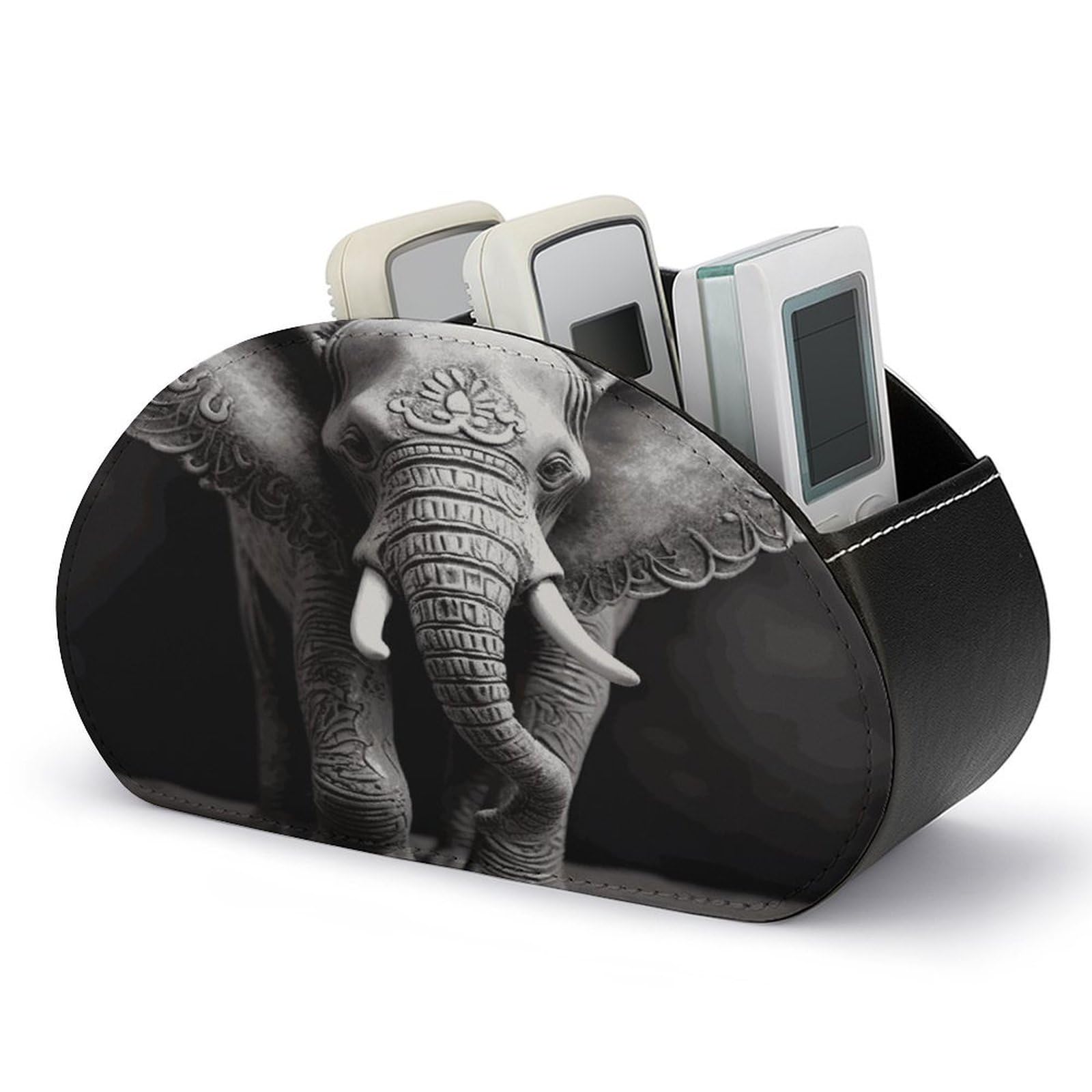 JTREHY Gray Elephant Remote Control Holder 5 Compartments Remote Caddy Tray PU Leather TV Remoter Storage Box Bedside Table Storage Organizer Office Desk Storage Case