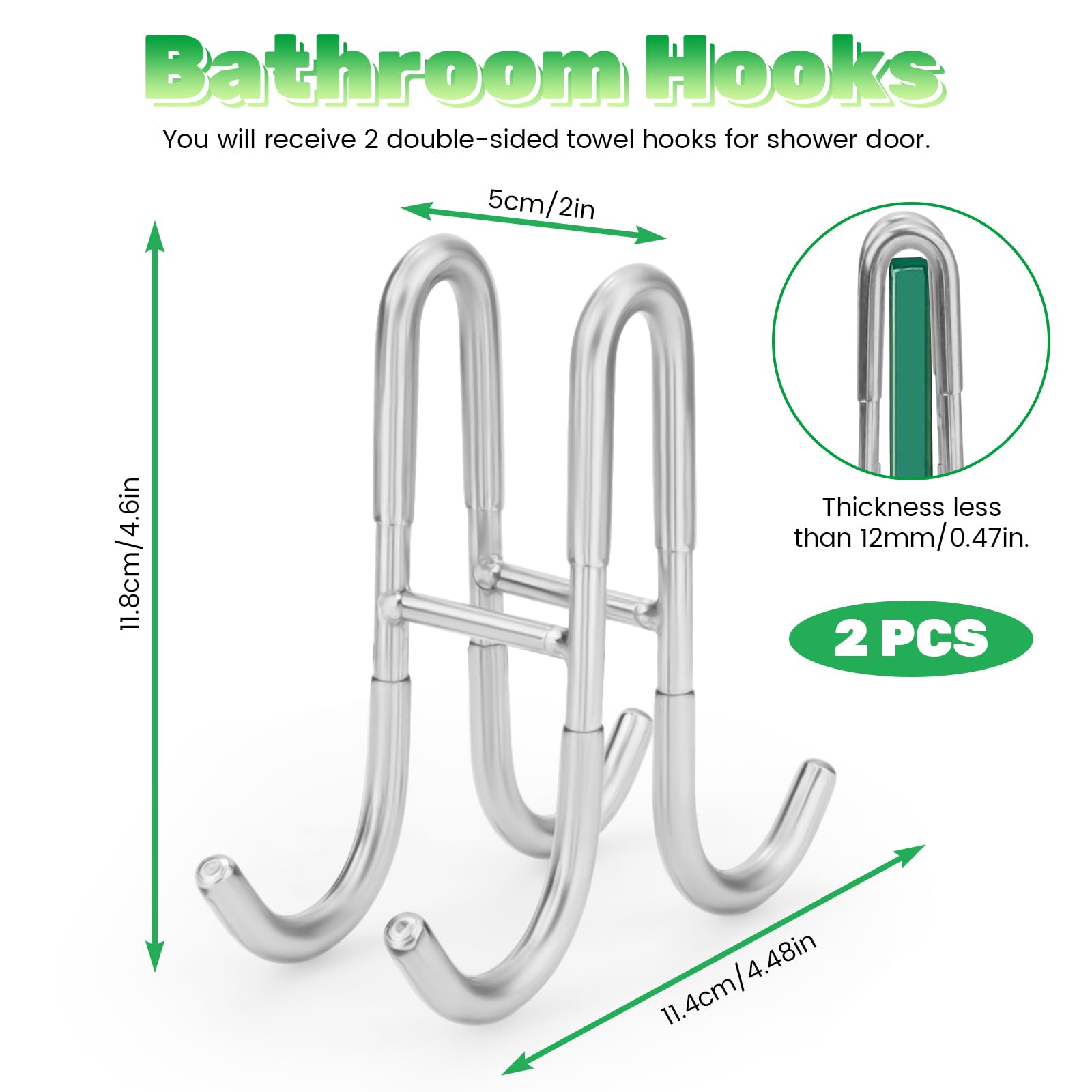 Modixun 2 Pack Double-Sided Towel Hooks for Shower Door Over Bathroom Frameless Glass Door Rack Hooks for Loofah Robe Shaver 304 Stainless Steel - Image 2