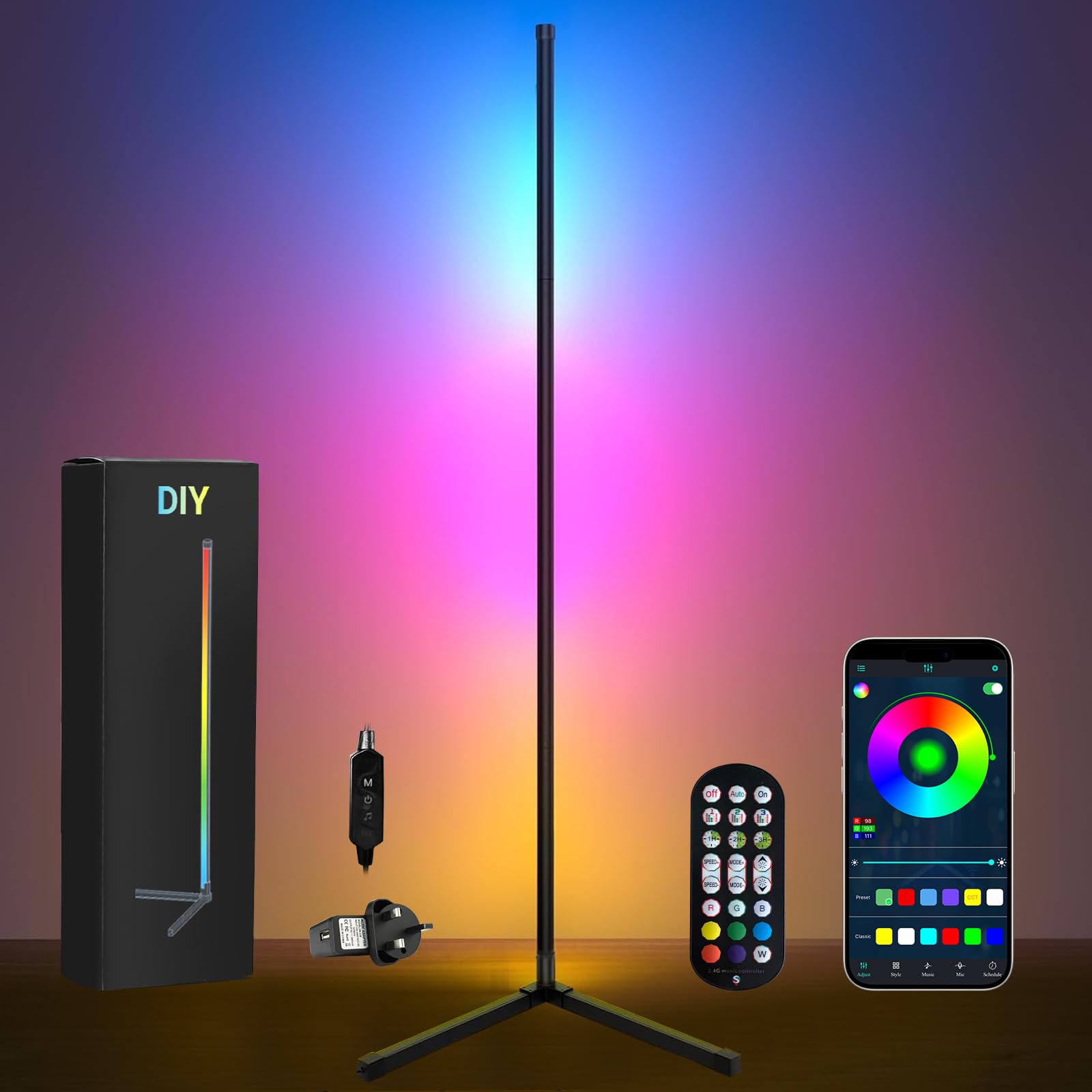 Xmart RGB Corner Floor Lamp, 165cm Corner Lamp with Remote & App Control, Modern LED Light with Music Sync and 16Million DIY Colors, Color Changing Standing Floor Light for Gaming Room, Living Room