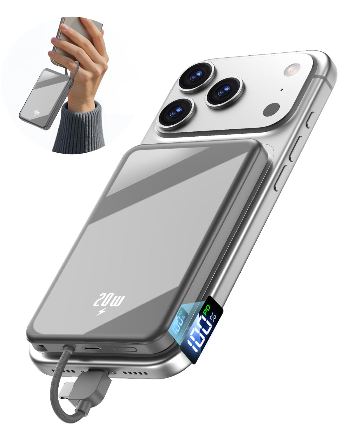 golioklsy Cargador portátil, cargador de teléfono de 10000 mAh con cable integrado, carga rápida PD de 20 W, paquete de batería delgado con pantalla LED, esencial de viaje para iPhone 17/16/15/14
