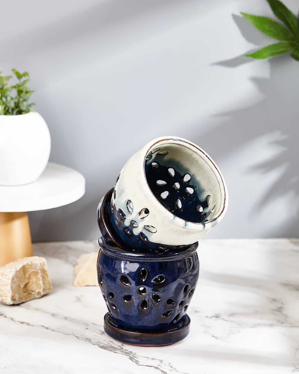 vensovo 10 CM Ceramic Orchid Pots with Drainage Holes and Saucers - Image 3