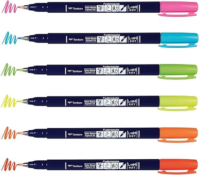 Tombow 56437 Fudenosuke Neon Brush Pen, 6-Pack. Hard Tip Fudenosuke Brush Pens in Assorted Neon Colors for Calligraphy and Art Drawings