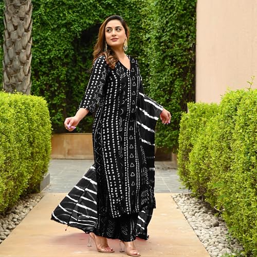Image of ANNI Designer Women's Rayon Blend Straight Bandhej Printed Kurta with Pant & Dupatta