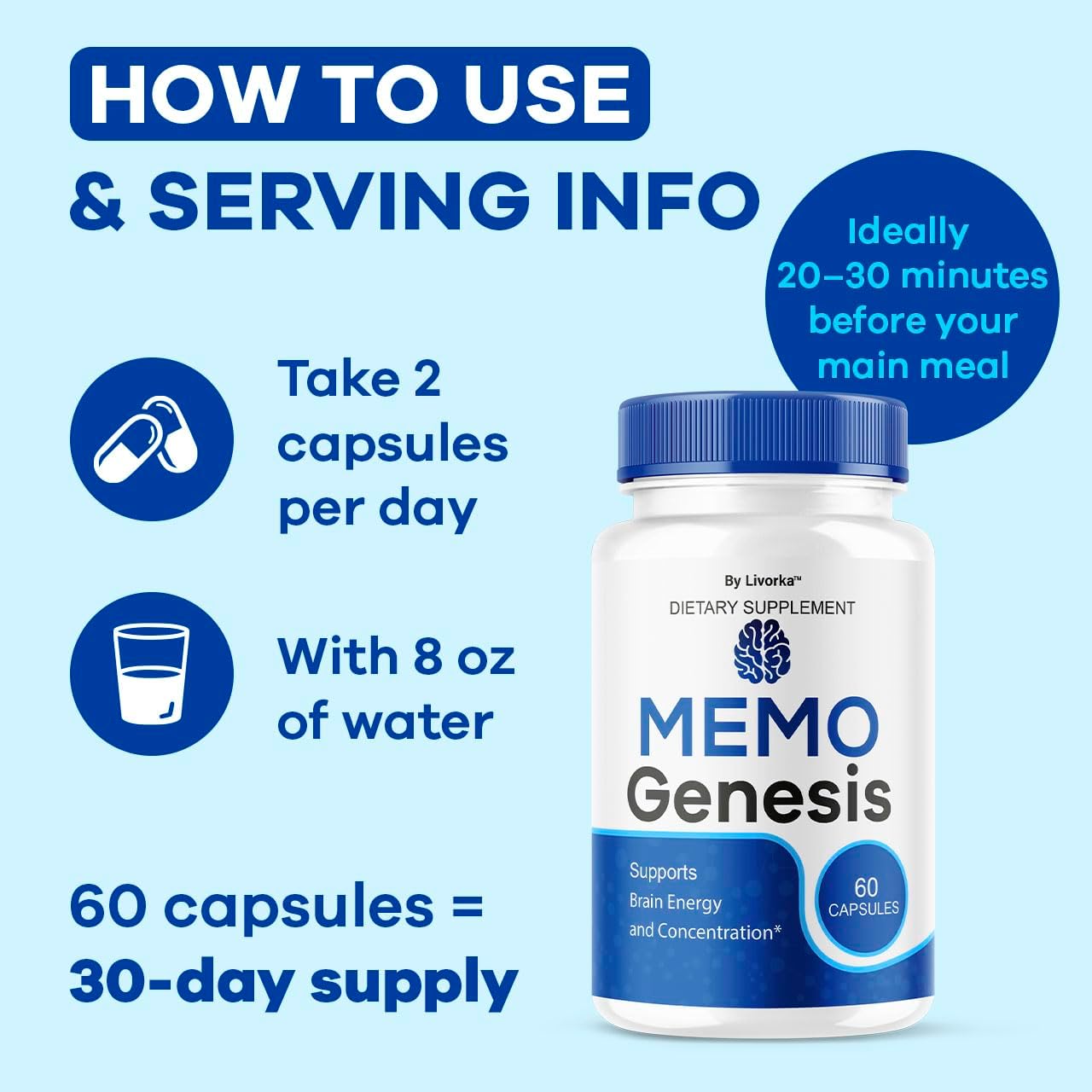 Memo Genesis Capsules - Original MemoGenesis Brain Health Daily Support Pills Natural Advanced Formula Cognitive Health & Function to Help Maintain Clarity Focus, 60 Capsules for 1 Month - Image 4