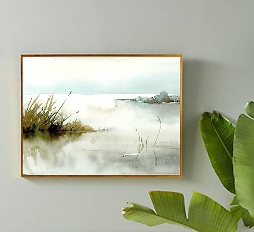 Miniatura 4 de Pintura de acuarela paisaje azul claro, arte de pared, pintura de lago al amanecer, pintura gris claro neutro, arte de pared abstracto panorámico
