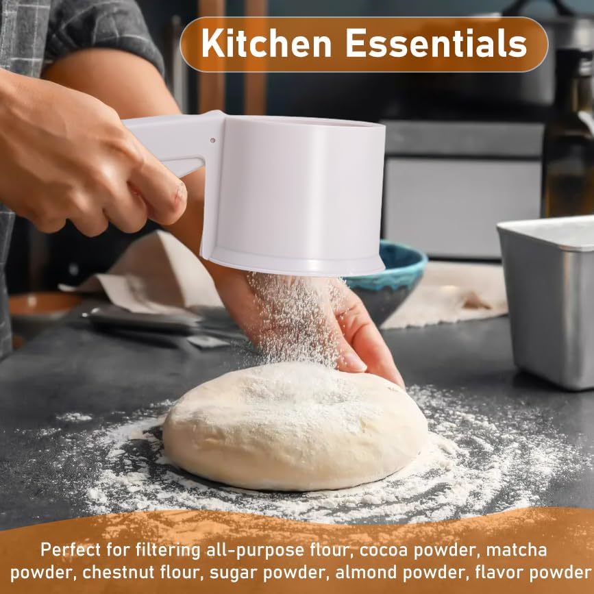 Miniatura 5 de Tamiz de harina de 1.5 tazas de azúcar en polvo para hornear, de malla fina blanca duradera con bandeja, diseño de prensa con una sola mano