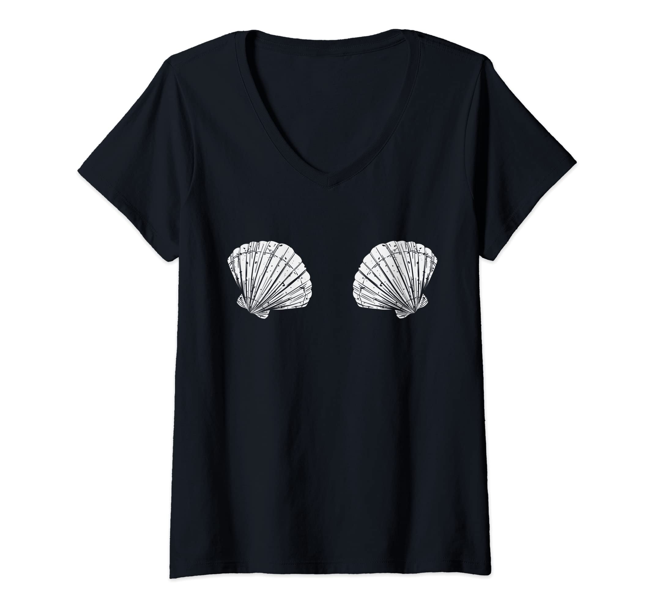 Womens Mermaid Sea Shell Bra Costume T-shirt Mermaid Shell Top V-Neck T-Shirt